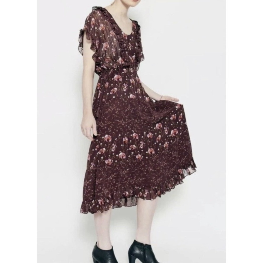 Ulla Johnson Meadow Dress Plum Floral 100% Silk Chiffon Ruffle Midi Size‎ 4 NEW